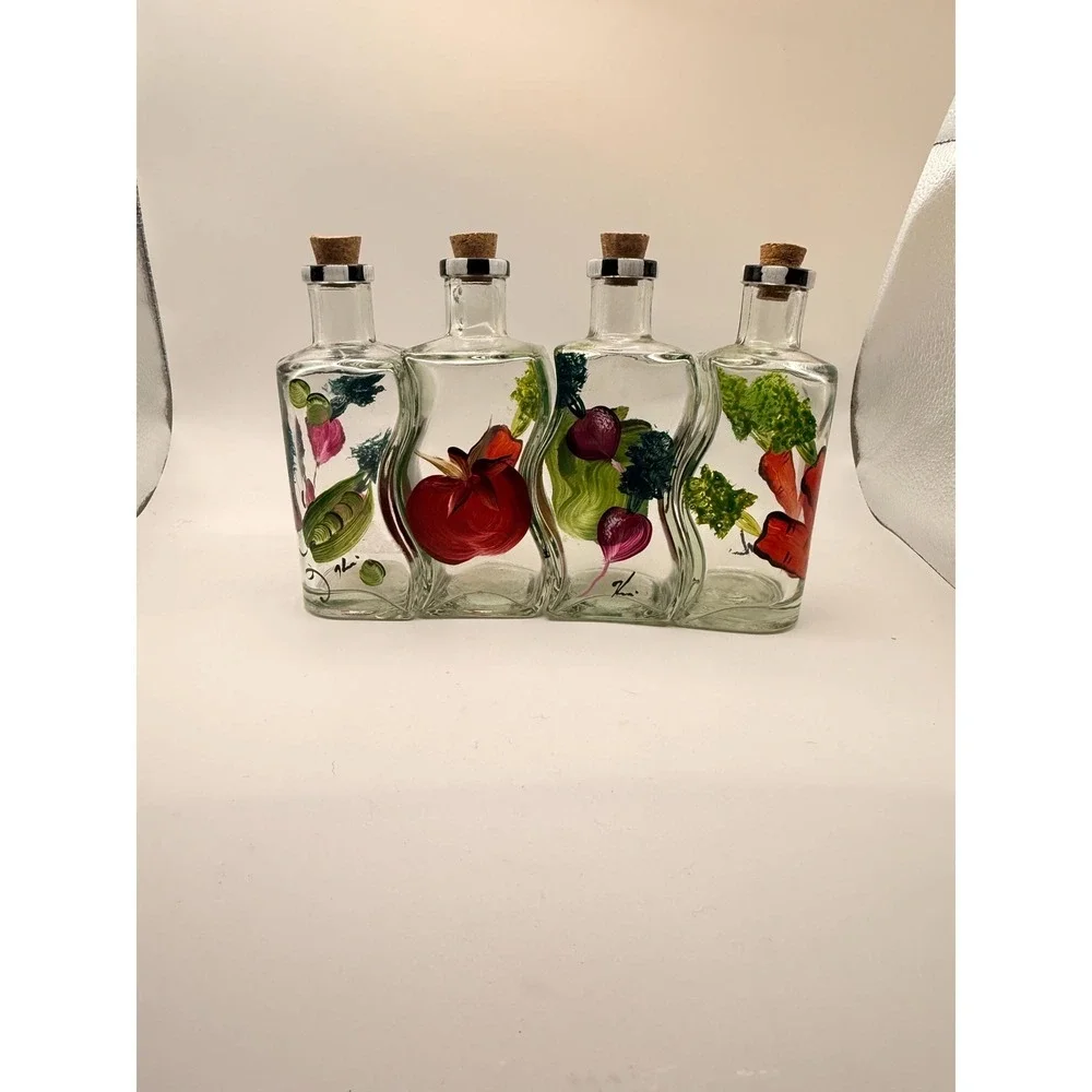 Set of 4 Vintage 80s 90s Cruet Vinegar Oil Handpainted Glassware with Cork Top